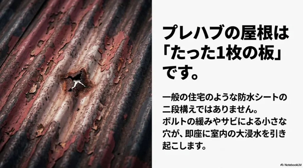 プレハブ屋根は防水シートがない「たった1枚の板」であることを示す図解