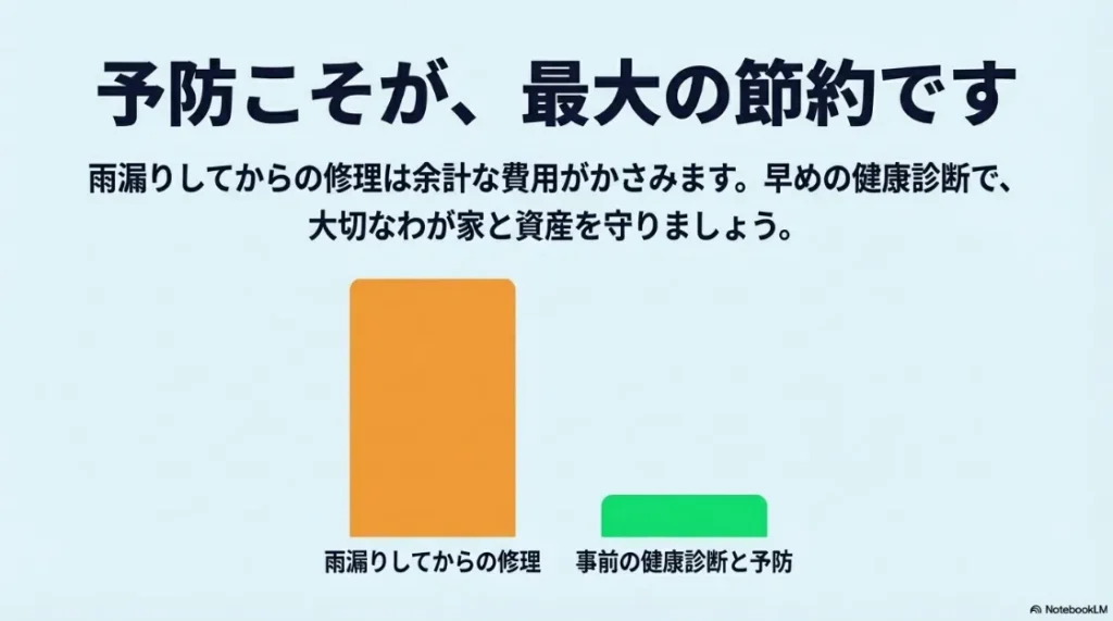 雨漏りしてからの修理（事後保全）と、事前の健康診断・予防保全のコストの違いを比較し、早めのメンテナンスを推奨する図解。
