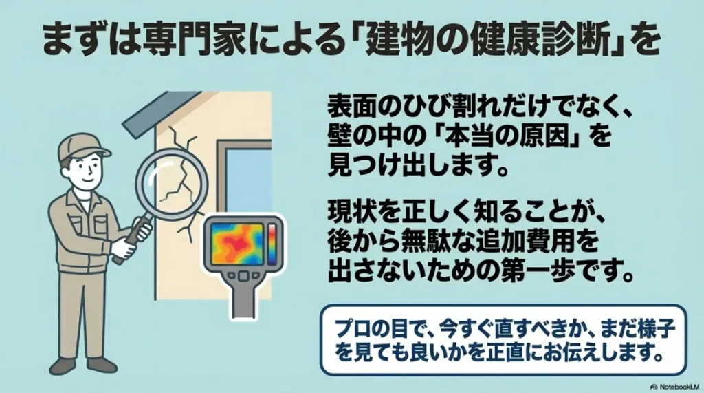 専門家による建物の健康診断で、壁の中の本当の原因を見つけ出し、無駄な追加費用を防ぐことを示すイメージ。