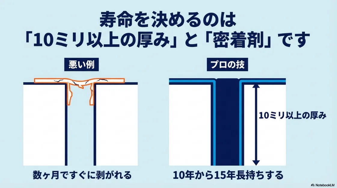 すぐ剥がれる悪い例と、10〜15年長持ちする10ミリ以上の厚みを持たせたプロの施工の比較図