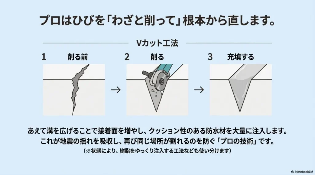 ひび割れをあえて削り、防水材を深く充填することで地震の揺れを吸収するVカット工法の図解