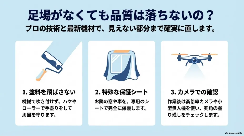 飛散防止の特殊シートやドローン・高倍率カメラによる品質チェックのイメージ。足場がなくても品質を落とさない工夫を紹介。