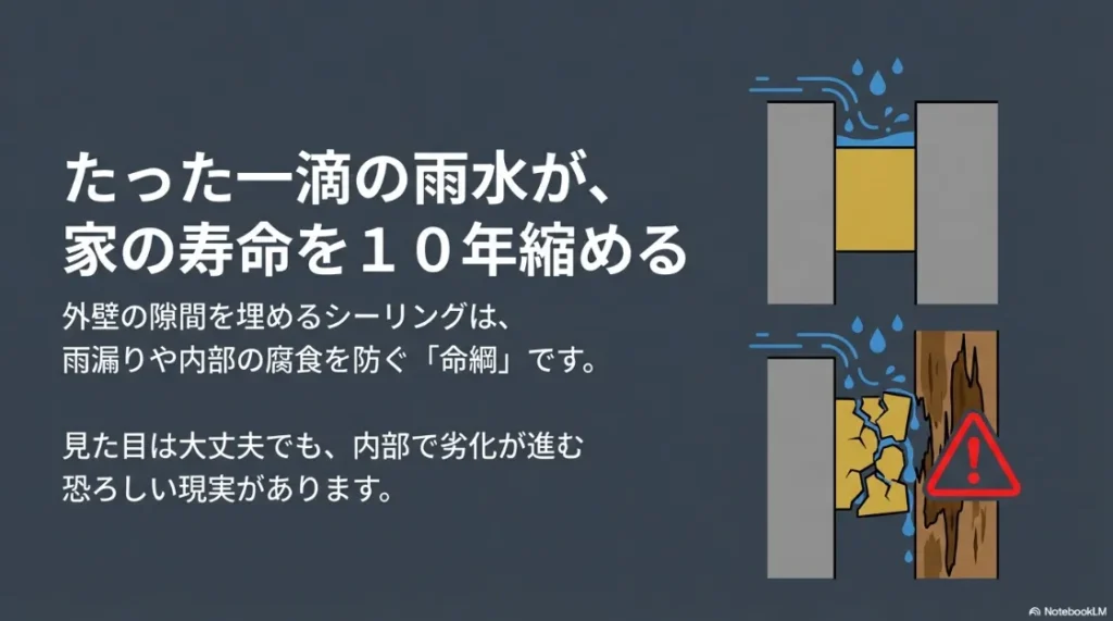 劣化したシーリングの隙間から雨水が侵入し、内部の木材が腐食する様子