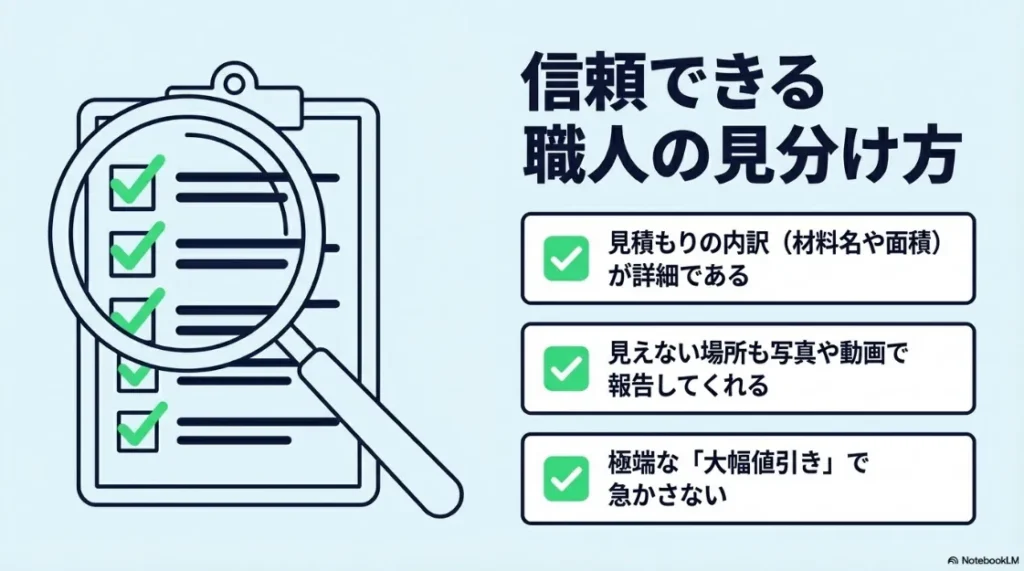 見積もりの詳細さ、写真や動画での報告、大幅値引きで急かさないなど、信頼できる職人や業者を見分けるためのポイント。