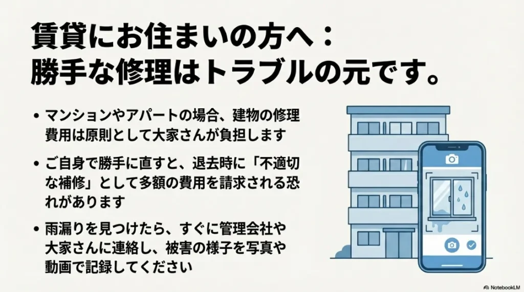 賃貸住宅で雨漏りを見つけた際、大家さんに連絡し、スマホで被害状況を記録することを促すイラスト。