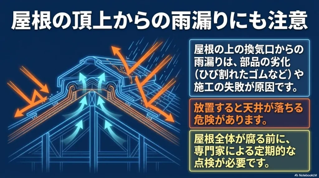 屋根の頂上にある換気棟からの雨漏り原因：部品劣化や施工ミス、放置による天井落下の危険