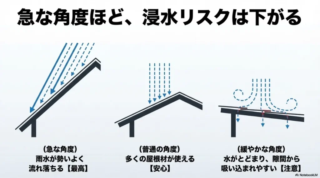 急勾配・普通勾配・緩勾配による雨水の流れやすさと、浸水リスクの違い。