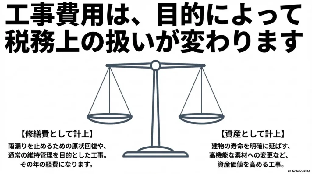 修繕費（原状回復・維持管理）と資産計上（寿命延長・価値向上）の判断基準を説明する図解