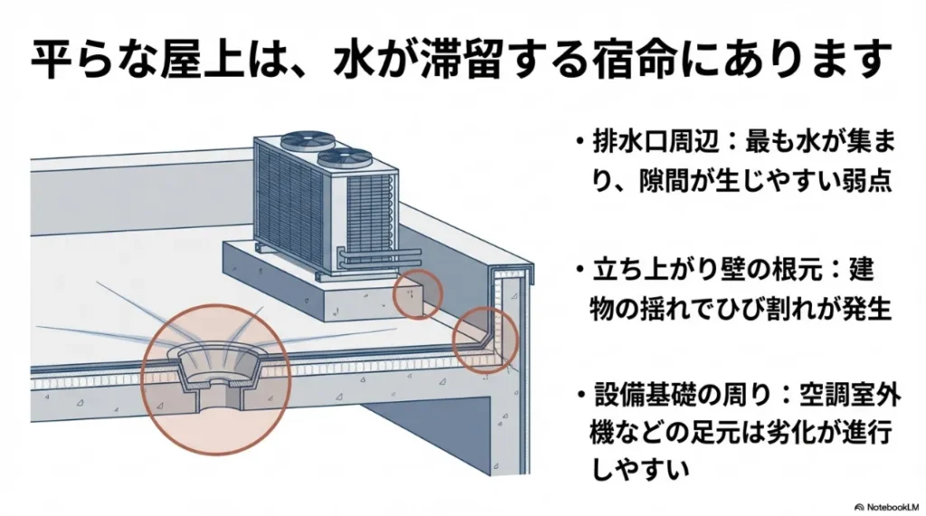 排水口周辺、立ち上がり壁の根元、設備基礎周りなど、屋上の構造的に雨漏りしやすい部位を示した図解