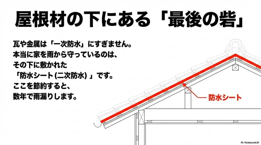 屋根材の下で家を雨から守る「防水シート（二次防水）」の役割。