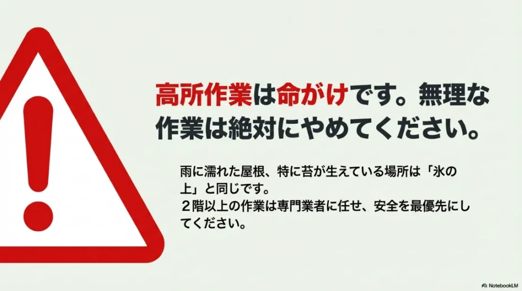 雨に濡れた屋根の危険性と専門業者への依頼を推奨する警告