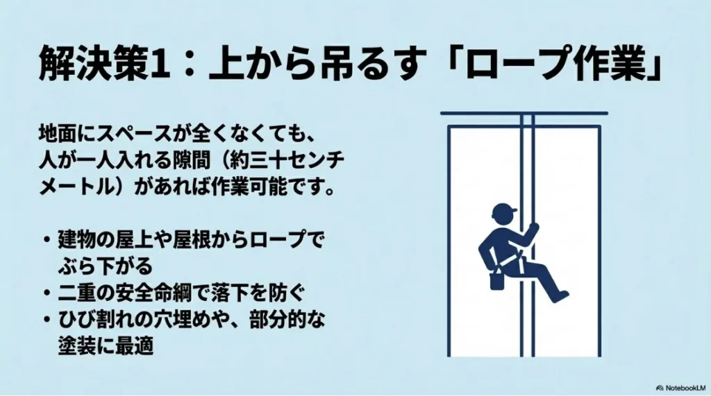 屋上からロープで吊り下がって作業するロープアクセスのイラスト。人が一人入れる約30cmの隙間があれば作業可能であることを説明。