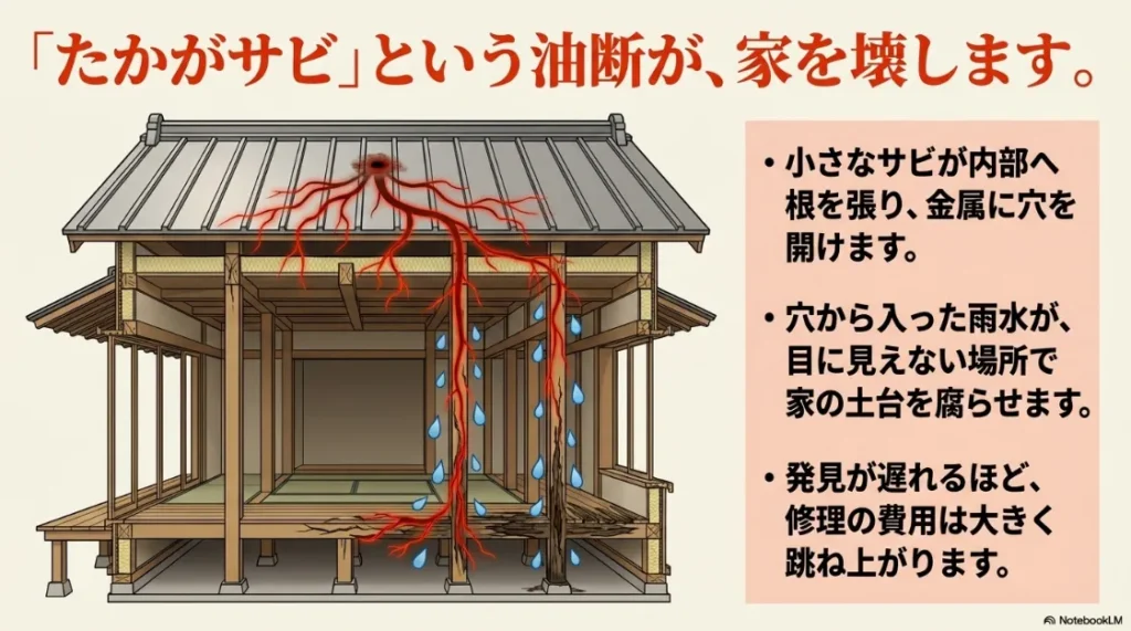 屋根のサビ穴から侵入した雨水が家の内部や土台まで腐食させるメカニズムのイラスト
