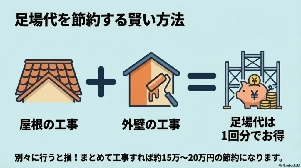 屋根と外壁の工事をまとめて行うことで、足場代を1回分節約(約15万〜20万円)できることを示す図解。
