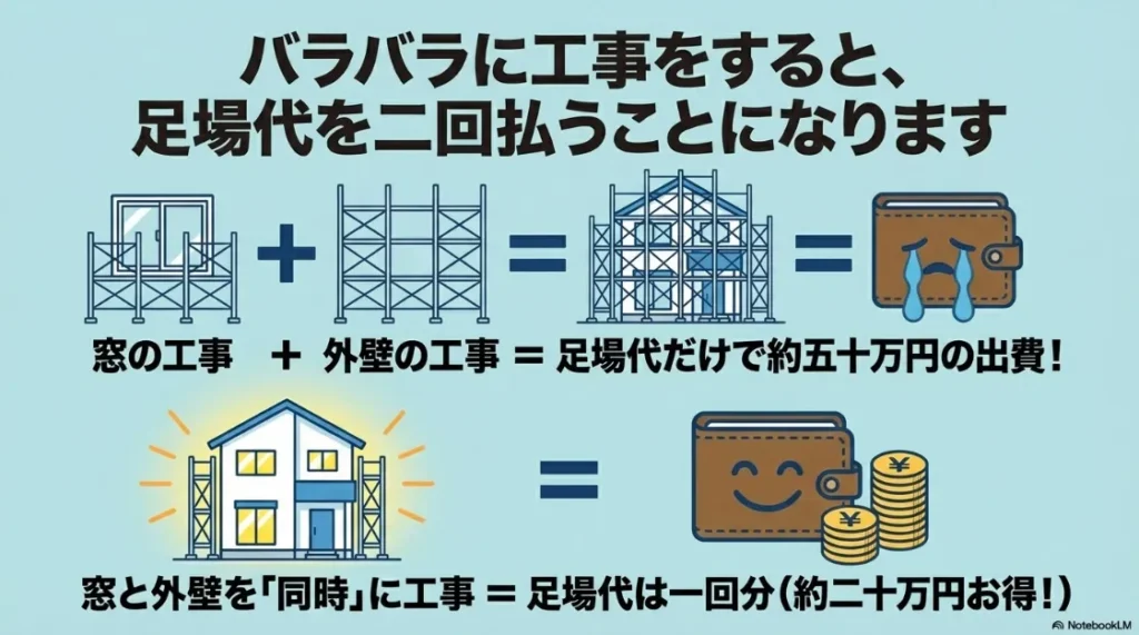 窓と外壁の工事を別々にすると足場代が二重（約50万円）かかるのに対し、同時工事なら一回分（約20万円お得）になることを示す比較図。