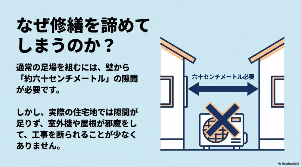 通常の足場設置には壁から約60cmの隙間が必要であることを示すイラスト。室外機などが障害となり工事を断られるケースを説明。