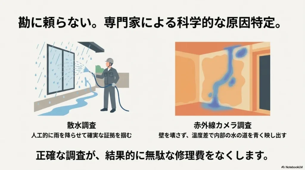 散水調査と赤外線カメラによる温度差診断の様子