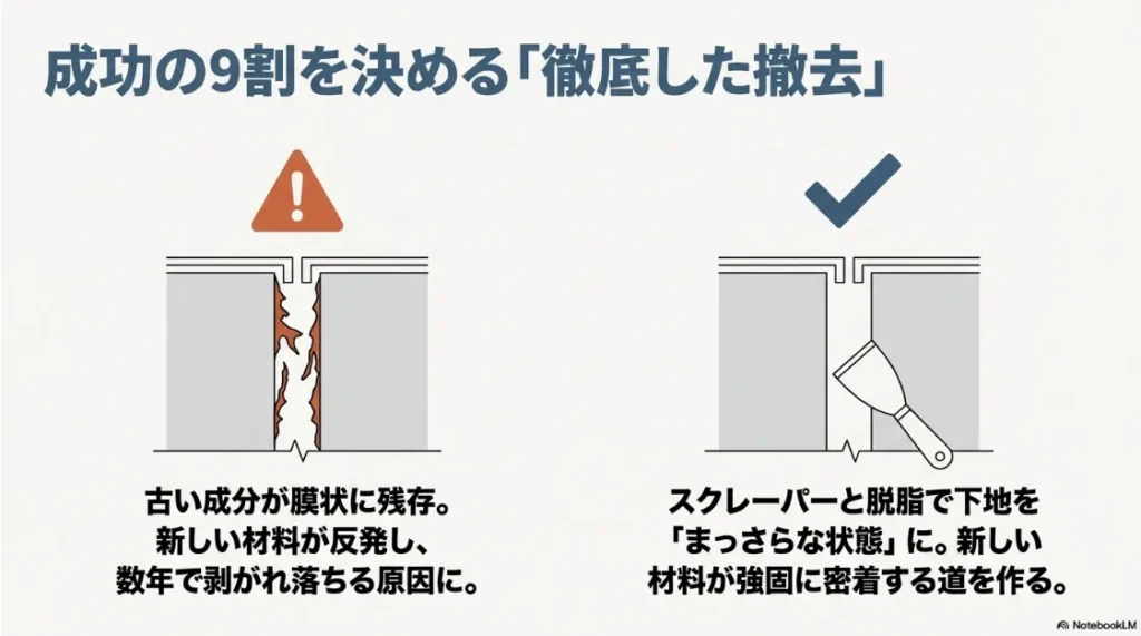 密着不良の原因となる古い成分の残存と、スクレーパーによる清掃の重要性