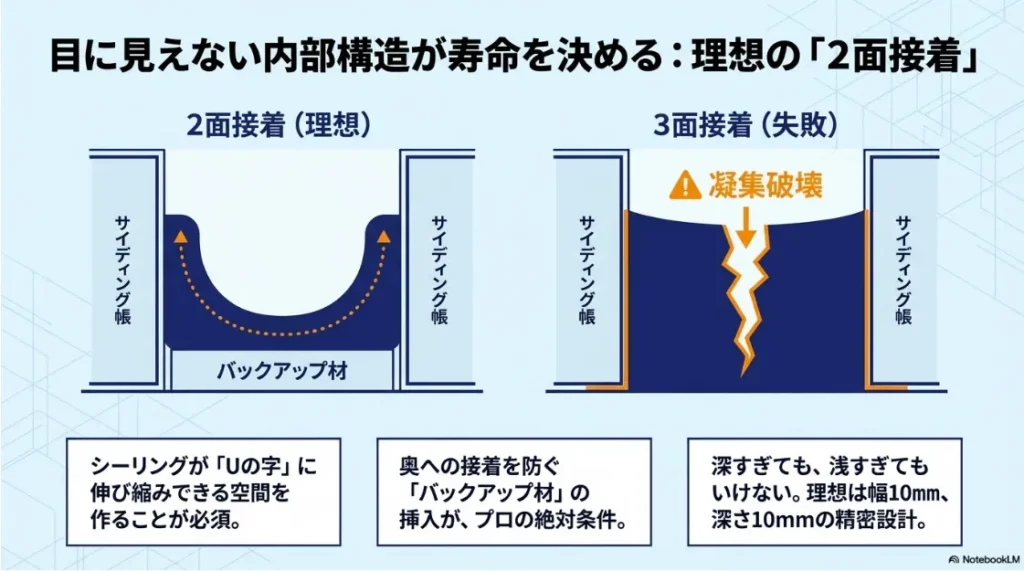 バックアップ材を使用して2面接着（Uの字に伸び縮み）を作る理想的な施工と、3面接着で凝集破壊が起きる失敗例の比較図。