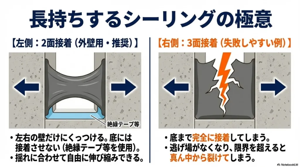 外壁用として推奨される2面接着と、破断の原因となる3面接着の構造的違いを比較した図解