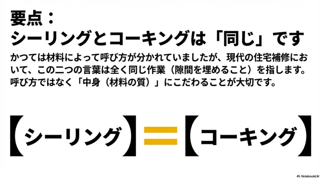 シーリングとコーキングが同じ作業を指すことを示す図解。現代の住宅補修では呼び方よりも材料の質が重要であることを説明。