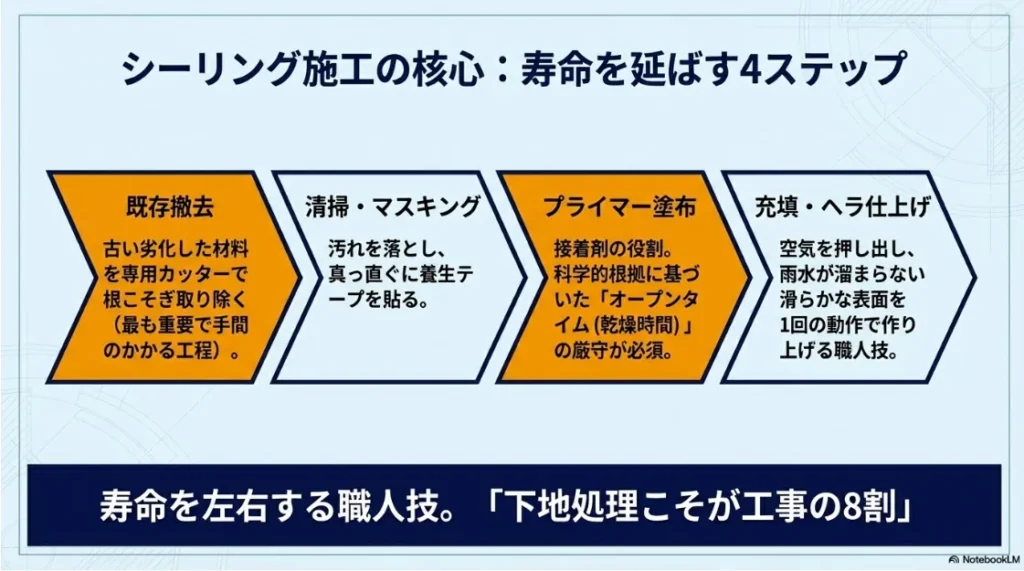 既存撤去、清掃・マスキング、プライマー塗布、充填・ヘラ仕上げの4工程を解説するフロー図。