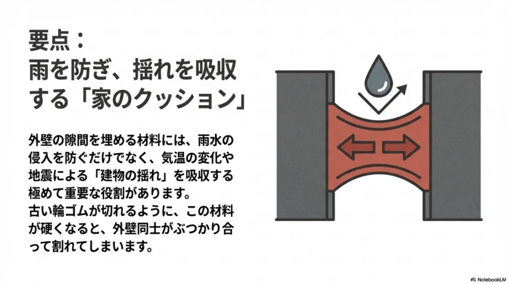 外壁の隙間で雨を防ぎ、地震や気温変化による揺れを吸収するシーリングの役割を示すイメージ図。