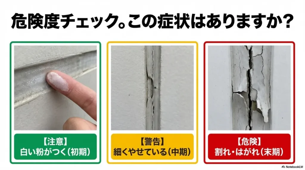 シーリング劣化度チェック:白い粉・肉痩せ・ひび割れとはがれ