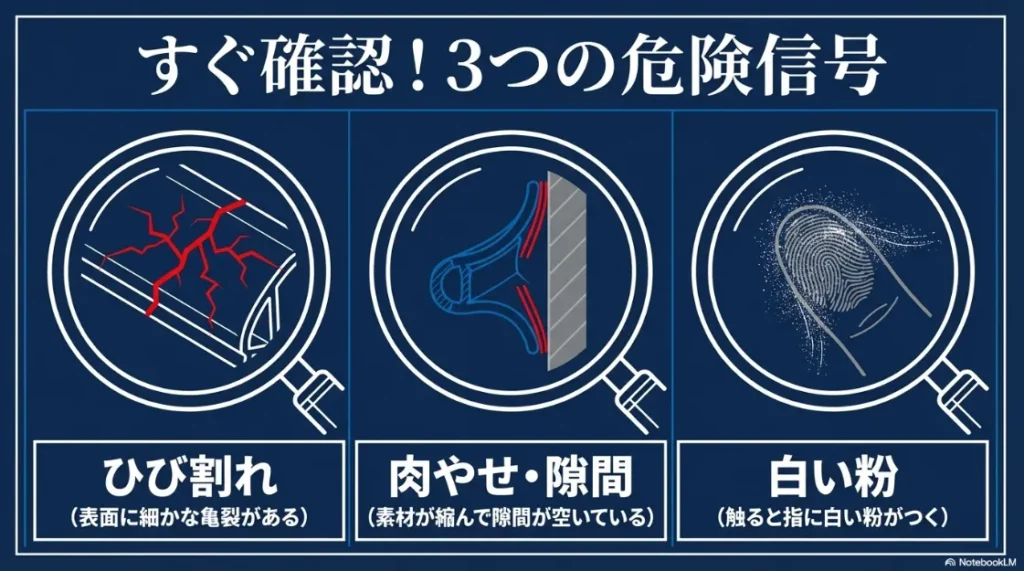 ひび割れ、肉やせ、白い粉（チョーキング）といったシーリングの3つの危険信号