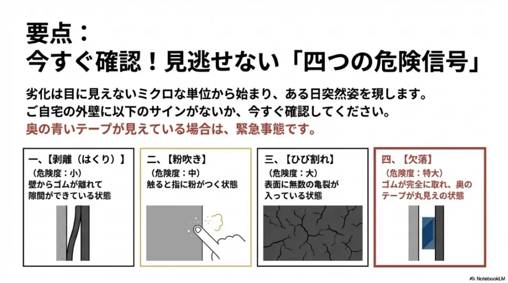 剥離、粉吹き、ひび割れ、欠落の4段階の劣化サインとそれぞれの危険度(小から特大)を示す図解。