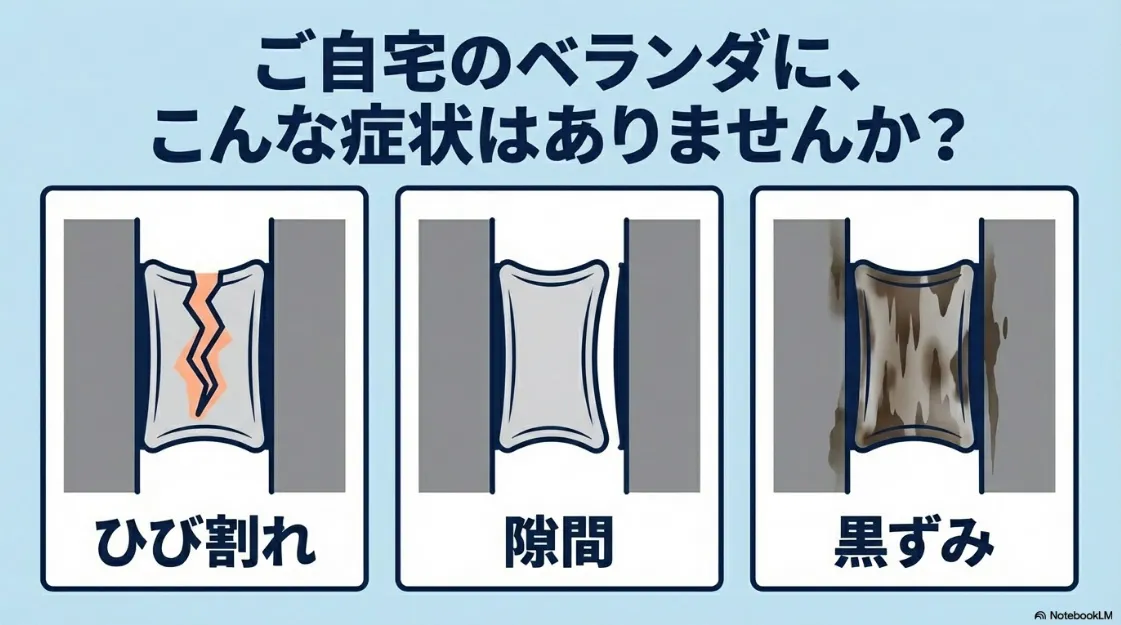 放置してはいけないベランダシーリングのひび割れ、剥離による隙間、汚れの吸着による黒ずみの例