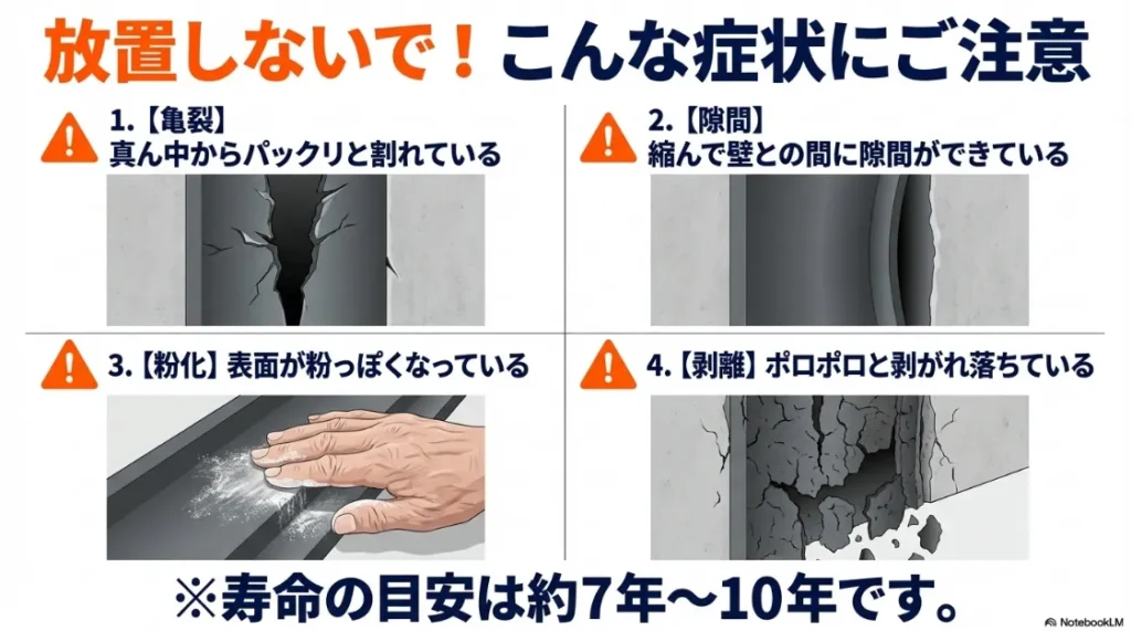 シーリングの亀裂、隙間、粉化（チョーキング）、剥離といった代表的な劣化のサインを示すスライド画像