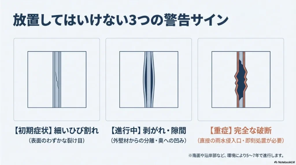 良いでしょう。」の直後	細いひび割れ、剥がれ・隙間、完全な破断の3段階の劣化サインの解説