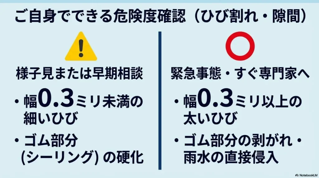 シーリングのひび割れ・剥離からサイディング断面へ水が浸入するリスクを説明するスライド