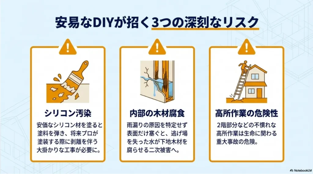シリコン汚染による塗装不良、内部の木材腐食、高所作業の危険性というDIYにおける3大リスクの解説。
