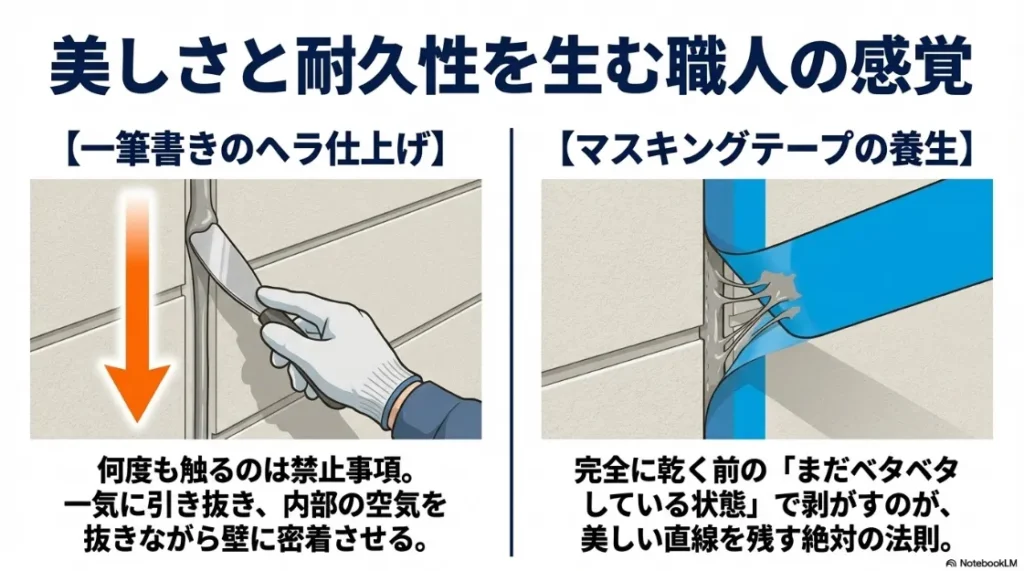 シーリング施工における一筆書きのヘラ仕上げと、適切なタイミングでのマスキングテープ剥離を説明する画像