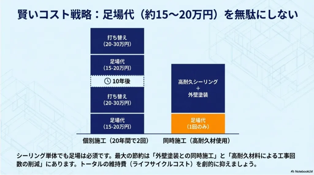 シーリング単体施工と、外壁塗装との同時施工（高耐久材使用）における足場代を含めたライフサイクルコストの比較図。