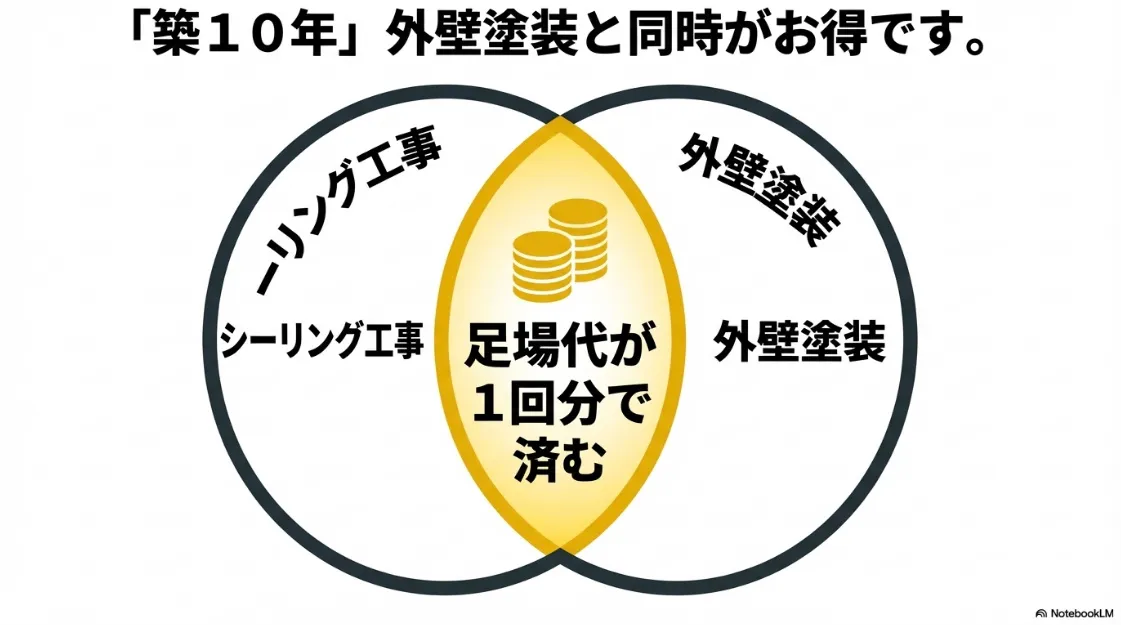 築10年目の外壁塗装とシーリング同時工事で足場代を節約