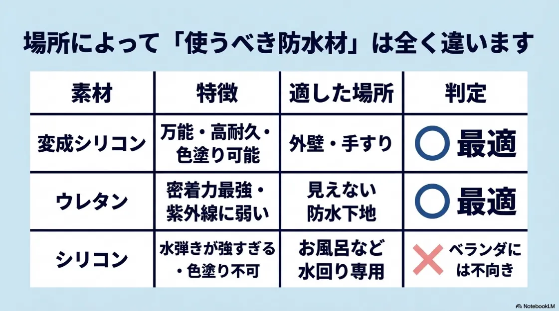 変成シリコン、ウレタン、シリコンそれぞれの特徴とベランダ防水への適性を示した比較表