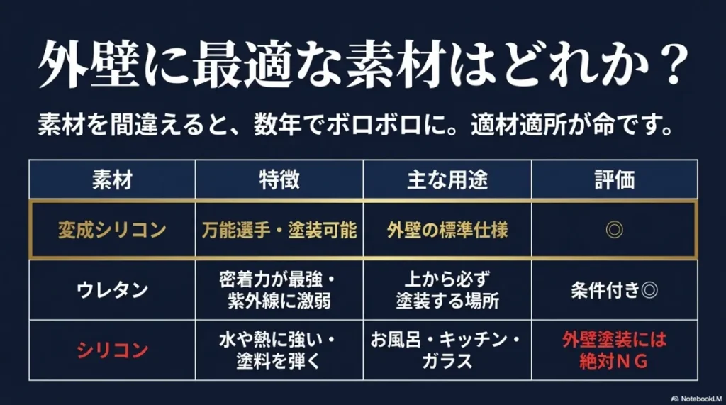 変成シリコン・ウレタン・シリコンの各素材の特徴、用途、評価を比較した表