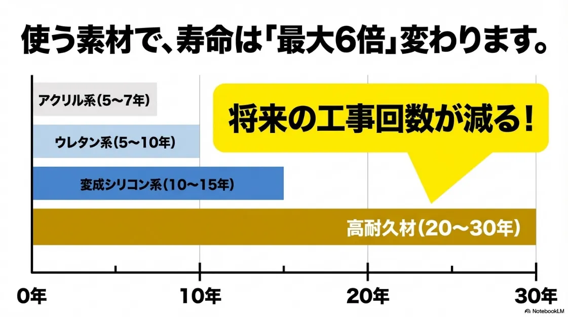 素材別シーリング耐用年数グラフ:変成シリコンから高耐久材まで