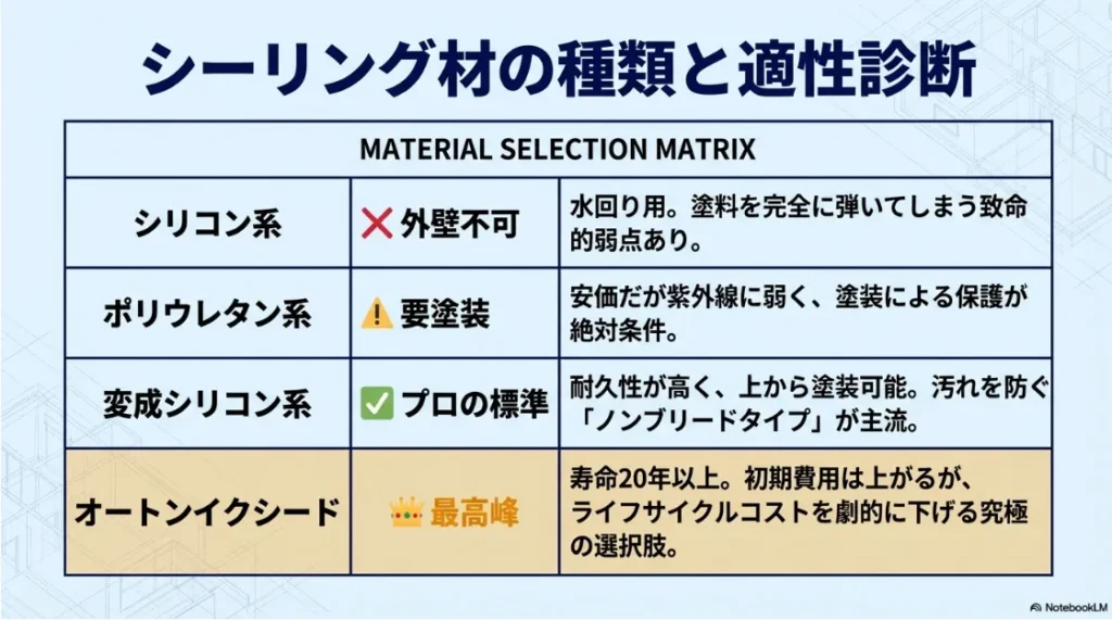 シリコン系、ポリウレタン系、変成シリコン系（オートンイクシード）の特徴と外壁への適性を比較した表。