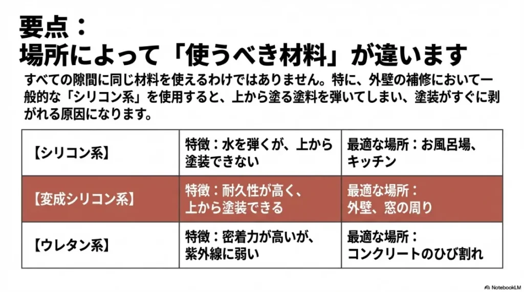 シリコン系、変成シリコン系、ウレタン系の特徴と最適な施工場所をまとめた比較表。