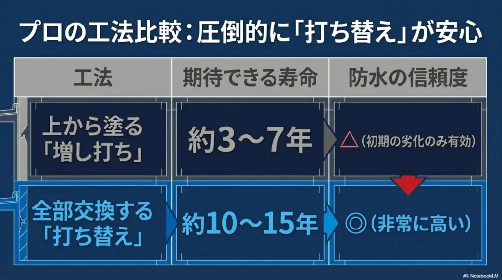 打ち替えと増し打ちの信頼度や期待寿命の比較まとめ