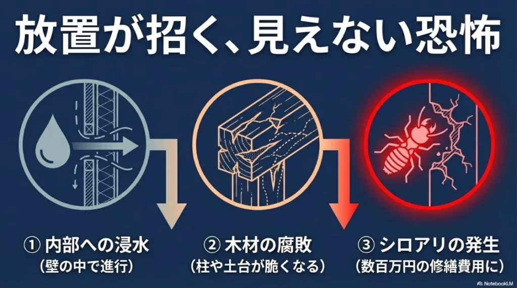 シーリング劣化による内部浸水、木材の腐敗、シロアリ発生のリスク
