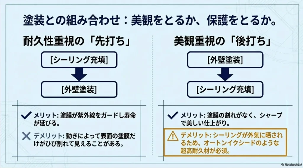 耐久性重視の先打ち工法と、美観重視の後打ち工法のメリット・デメリットを解説する比較図。