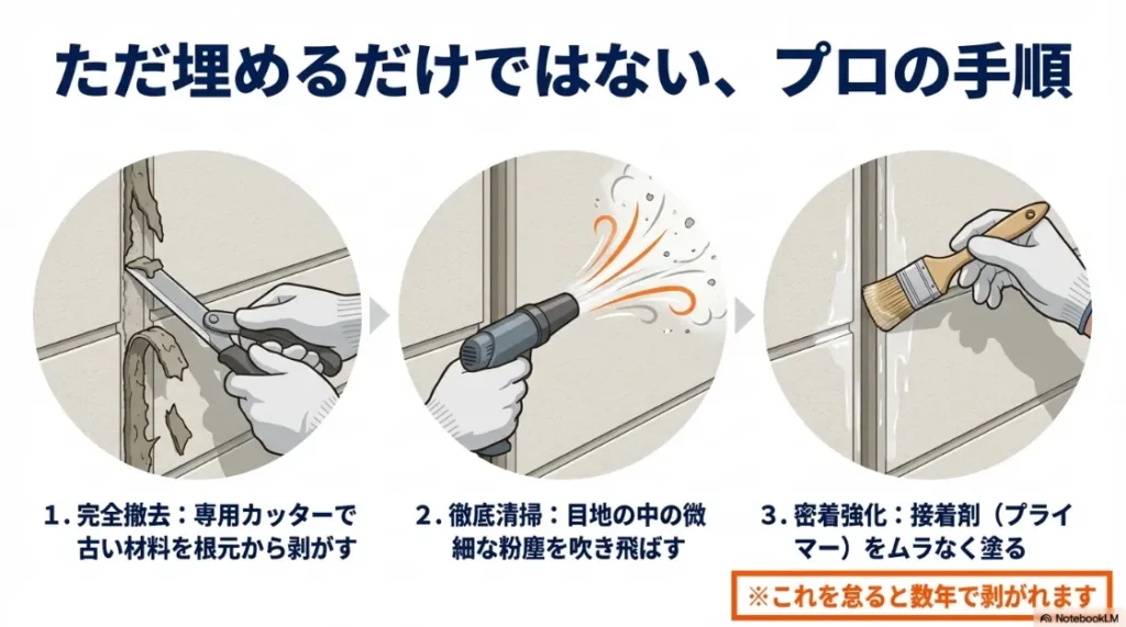 プロのシーリング手順として、古い材料の完全撤去、目地内の徹底清掃、プライマーによる密着強化を解説するイラスト