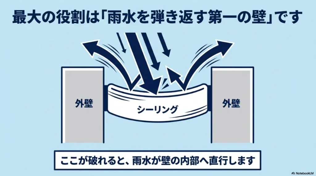 外壁の隙間で雨水を弾き返すシーリングの役割を図解したイラスト