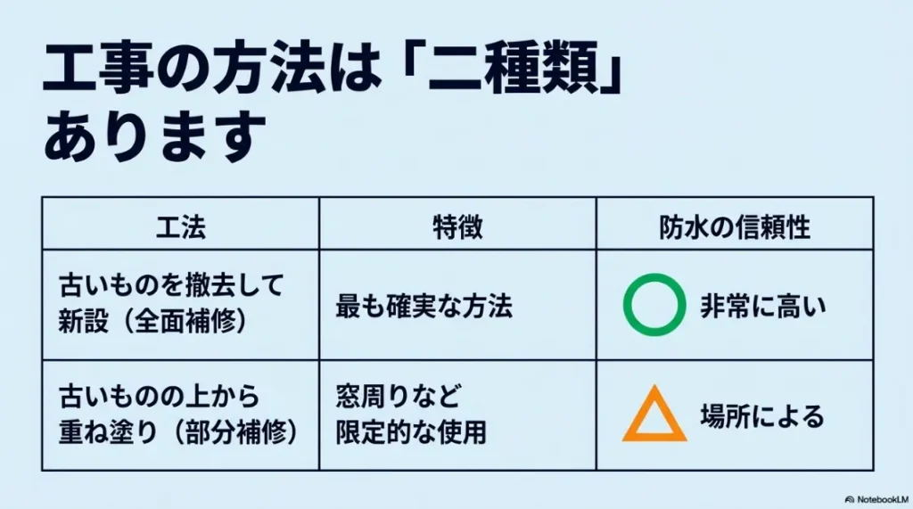 古いものを撤去して新設する「全面補修（打ち替え）」と、上から重ね塗りする「部分補修（増し打ち）」の特徴と防水信頼性の比較表。