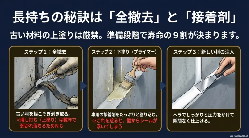 シーリング打ち替えの3ステップ（全撤去・プライマー塗布・新規材注入）の工程図